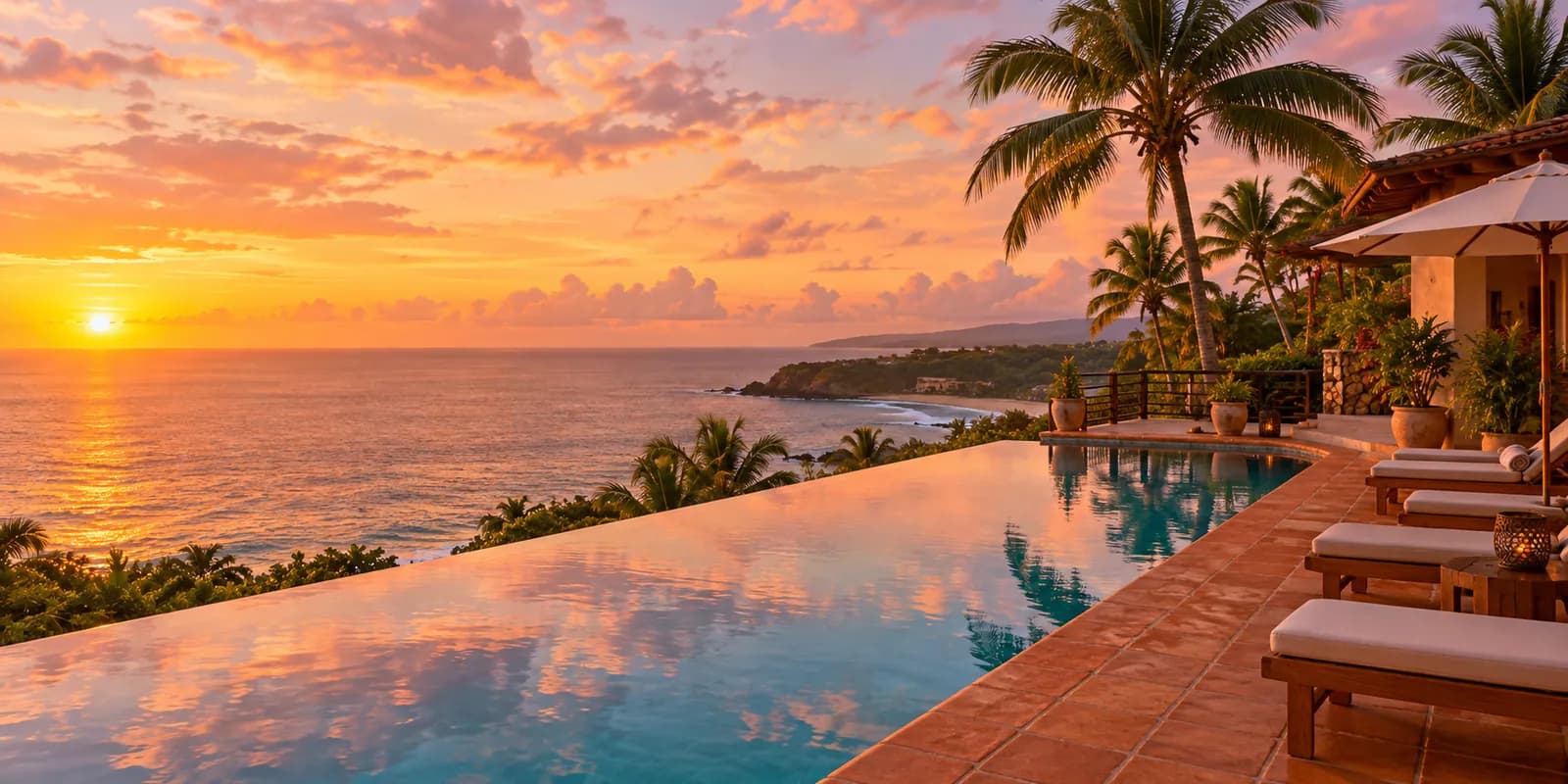 Oceanfront infinity pool at sunset, surrounded by palm trees, in Rincón