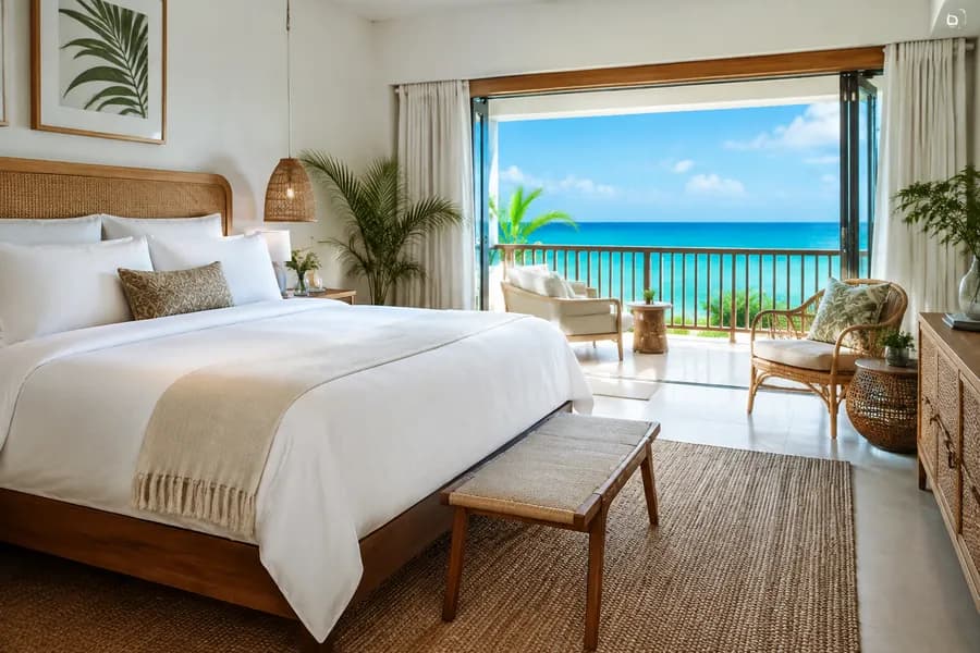 Suite with a king bed and a balcony open to the turquoise sea