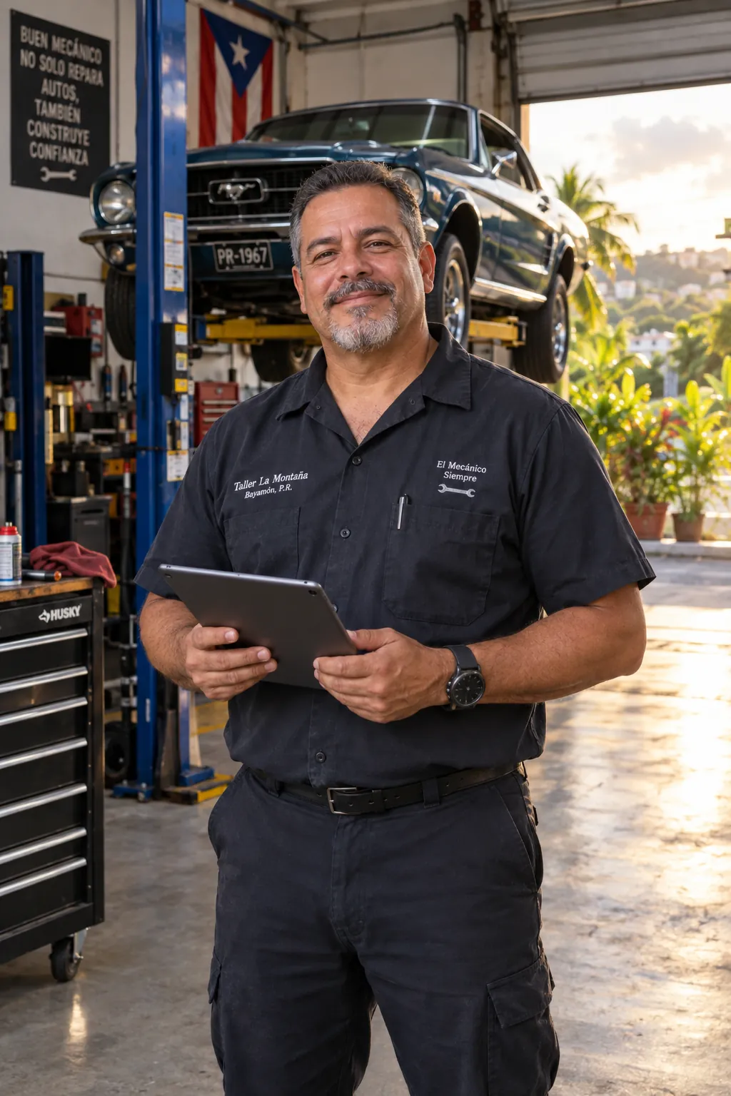 Owner of an auto repair shop in Puerto Rico, smiling in front of his business